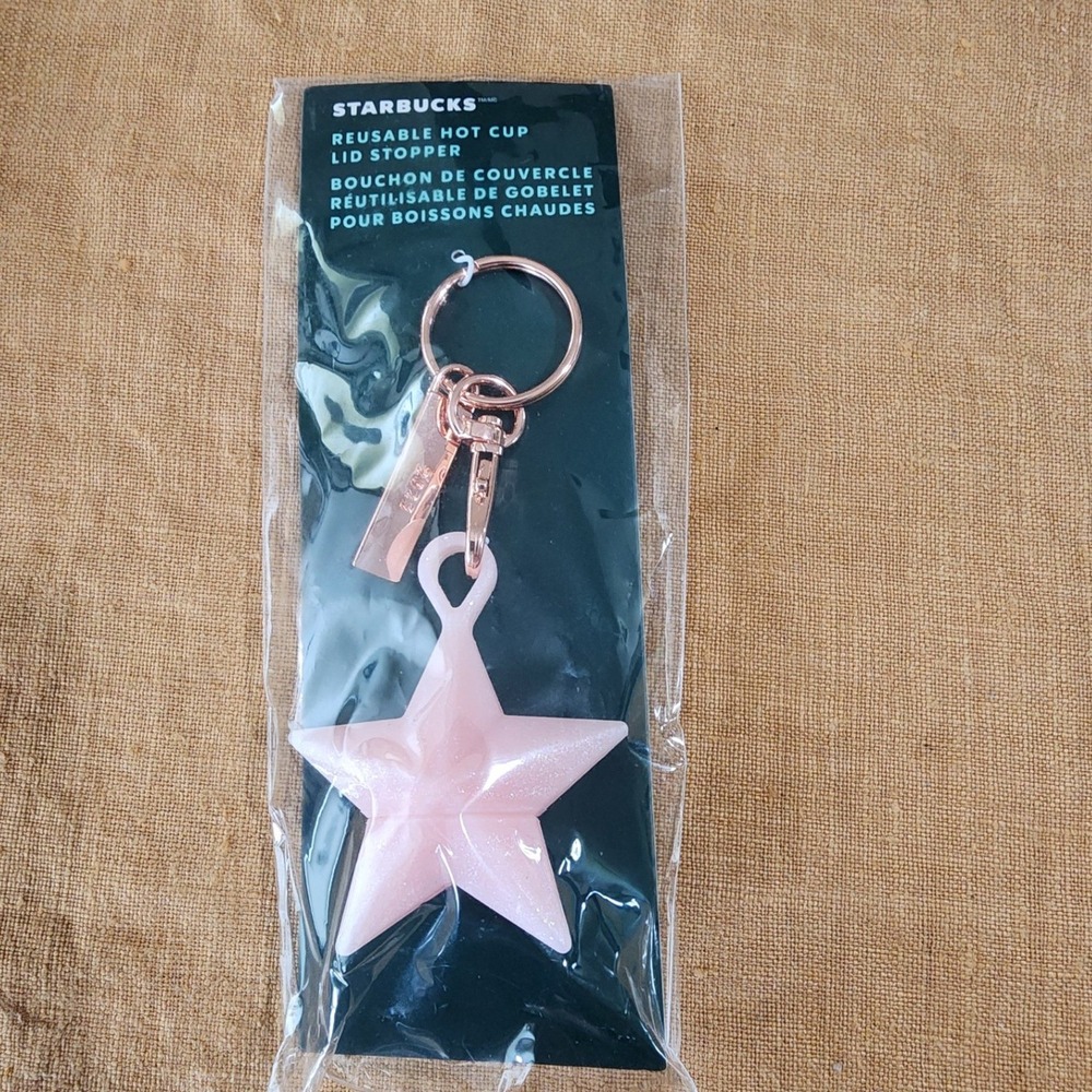 Starbucks Pink Glitter Star Reusable Hot Cup Lid Stopper Keychain Rose Gold 2023